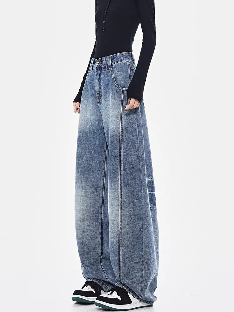 

Blue Women's Retro Y2K 2000s Wide Leg Baggy Casual Denim Trouser High Waist Loose Jeans 2024 Autumn Harajuku Full Length Pants