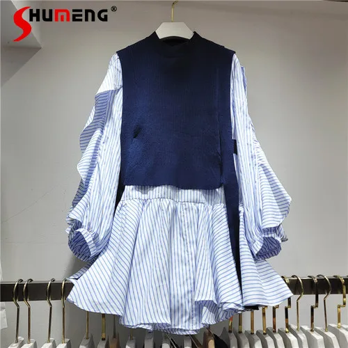 European Fashion Outfit Women 2023 Autumn New Sweet Ribbon Knitted Vest + Ruffled Mid-Length Shirt Two Pieces Set Loose Fall Top