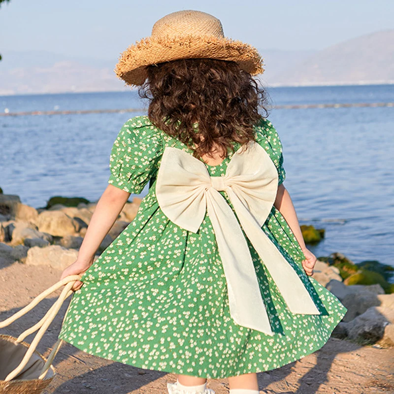 Children Birthday Present Clothes New Summer Princess Girls Dress Short Sleeve Big Bow Full Print Dot Dress For 2-10 Years Old