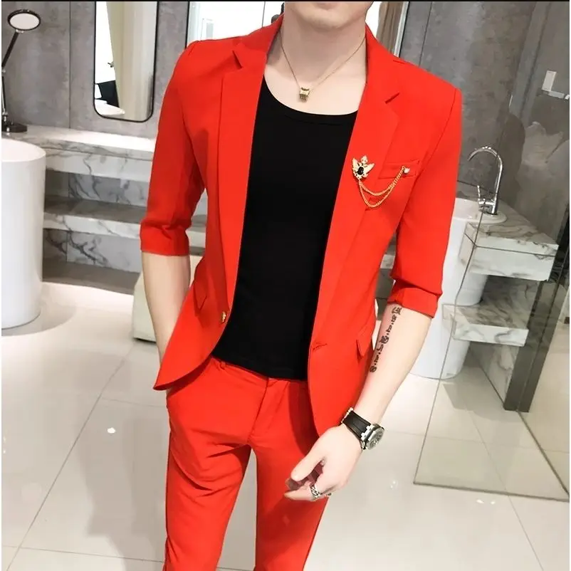 2-B8  Pink summer men\'s slim solid color small suit two-piece suit young hairdrthree-quarter sleeve suit nine-quarter pants