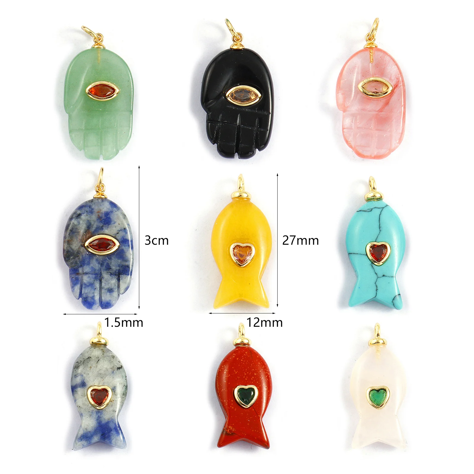 1 Piece Cubic Zirconia Natural Stone Charms Fish Hand Shape Pendants For DIY Necklace Bracelet Jewelry Making Findings