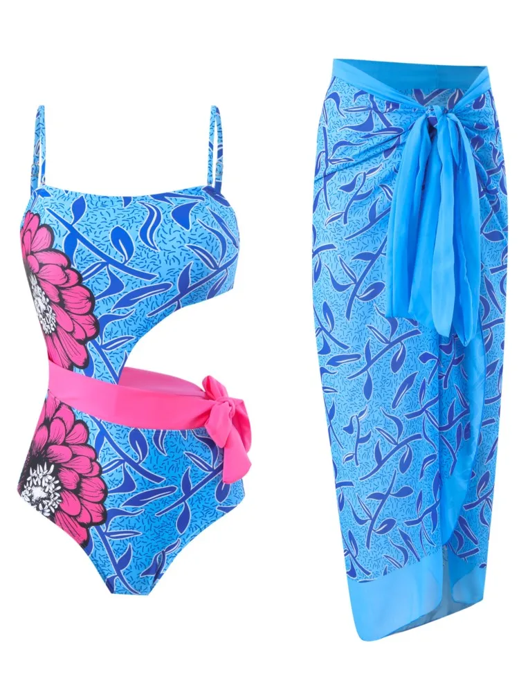 

2 piece sets Retro Bikini Print Fashion Swimsuit And Cover Up With Skirt Tight Women's Bandage Summer Beach Luxury Elegant 2025