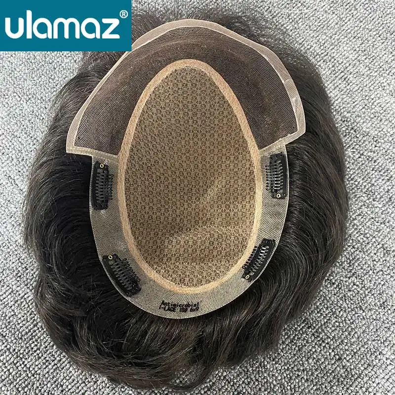 Silk Base Toupees With Clips Male Hair Prosthesis Natural Human Hair Lace Front Men Wig Hair System For Man Capillary Prosthesis
