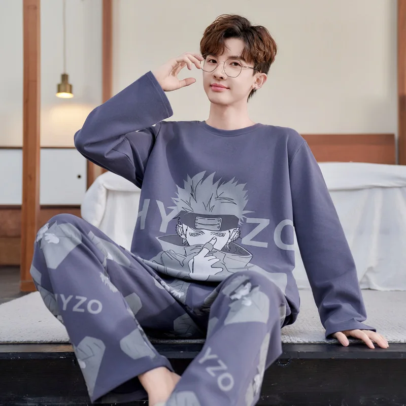 Naruto Hokage Spring and Autumn Cotton Long Sleeve Thin Crew Neck Men\'s Pajamas Teen Cute Cartoon Comfortable Homewear Suit