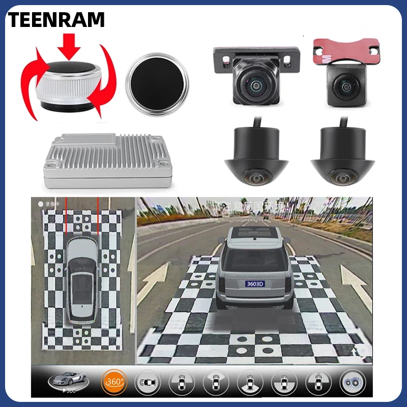 TEENRAM Car 360 Panoramic Camera System With 3D Surround Bird's Eye View 4 Cameras Sony 307 WDR Chip 24 Hours Parking Monitor