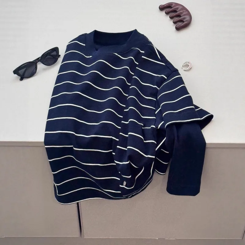 2026 All Season Boy Girl Fake 2Piece Patchwork Long Sleeve T-Shirt Children Stripe Top Big Kids Casual Sweatshirt 3-12 Years