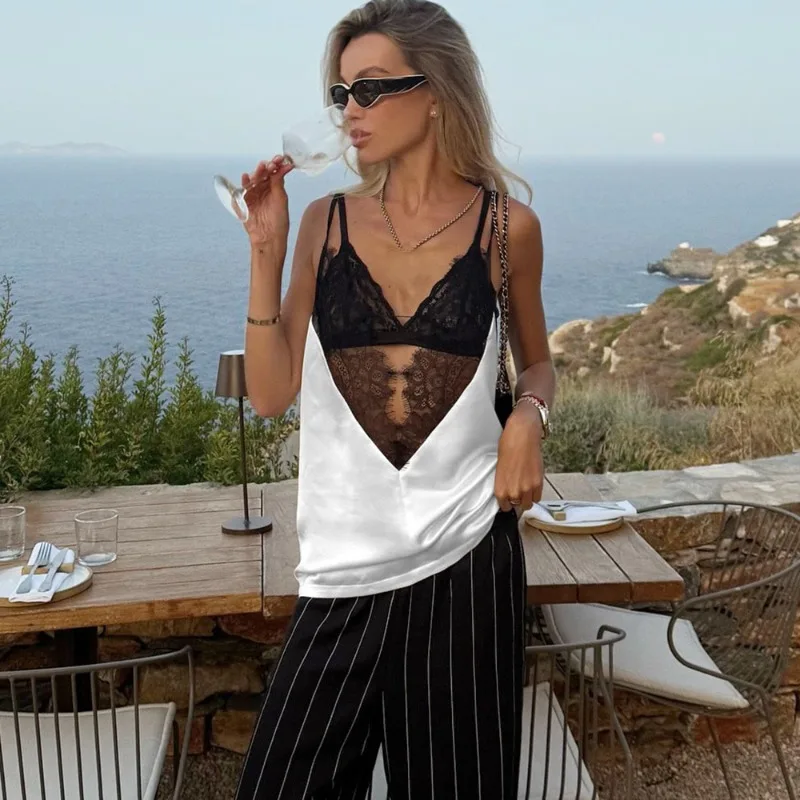 

Tuularose Sexy Lace Camisole Women New V-Neck See Through Lace Patchwork Backless Tanks Top High Street Party Female Tanks Top