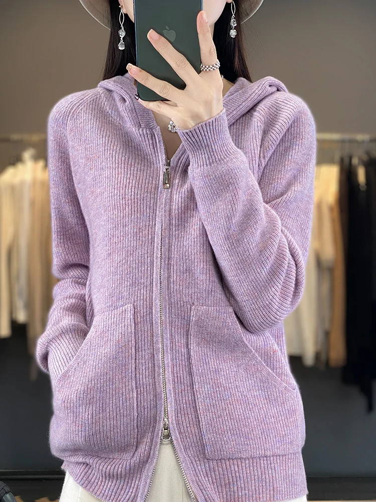 

2024 Autumn Winter Women Sweater Merino Wool Hooded Knitwear Korean Style Solid Cardigan Classic Long Sleeve Cashmere Clothing