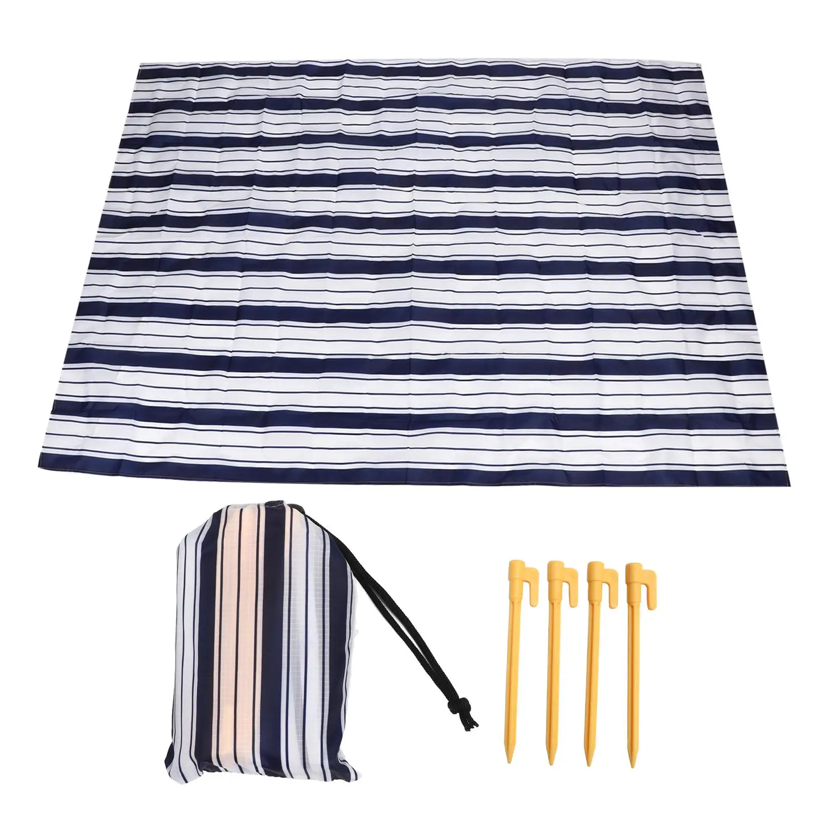 Waterproof Beach Blanket Picnic Mat 2x1.45M Blue Stripe Soft Portable with Ground Stakes for camping