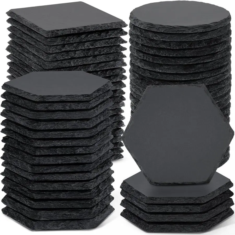 

PCS Black Slate Stone Coasters Bulk, 4 Inch 20 PCS Square, 20 PCS Round, 20PCS Hexagon Handmade Drink Coaster for Laser Engravin