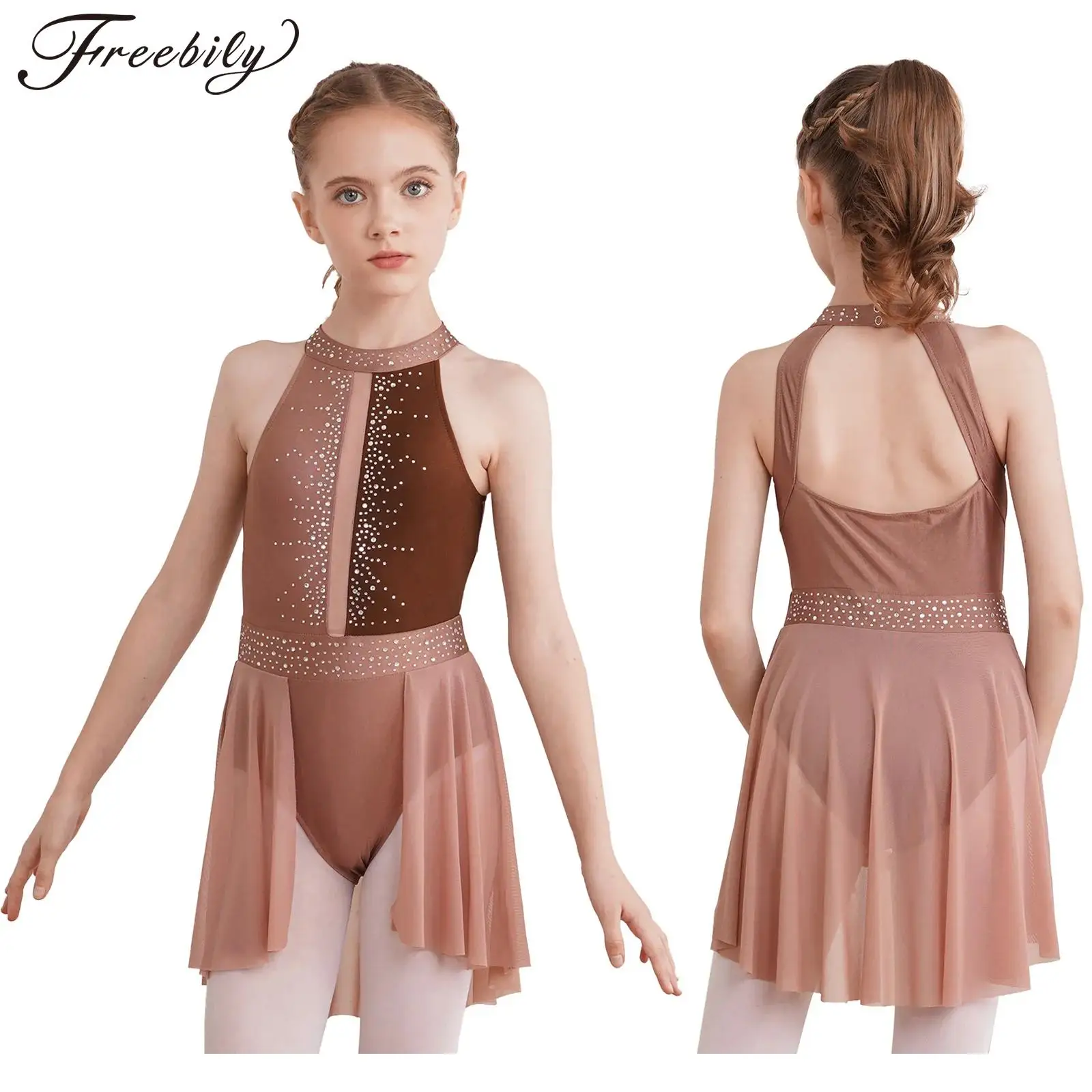 Vestido de baile lírico de Ballet para niñas, leotardo de gimnasia de patinaje artístico sin mangas, Espalda descubierta, decoración de diamantes de imitación brillantes, Ropa de baile