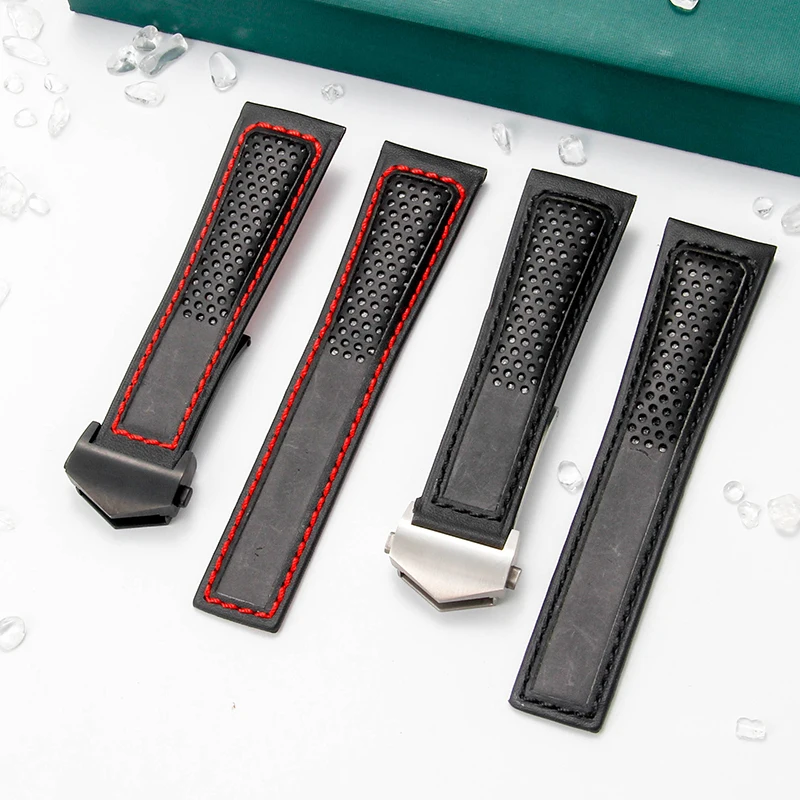 Durável resistente ao desgaste flexível pulseira de couro de vaca genuína para tag heuer série respirável confortável pulseira de relógio 22mm preto