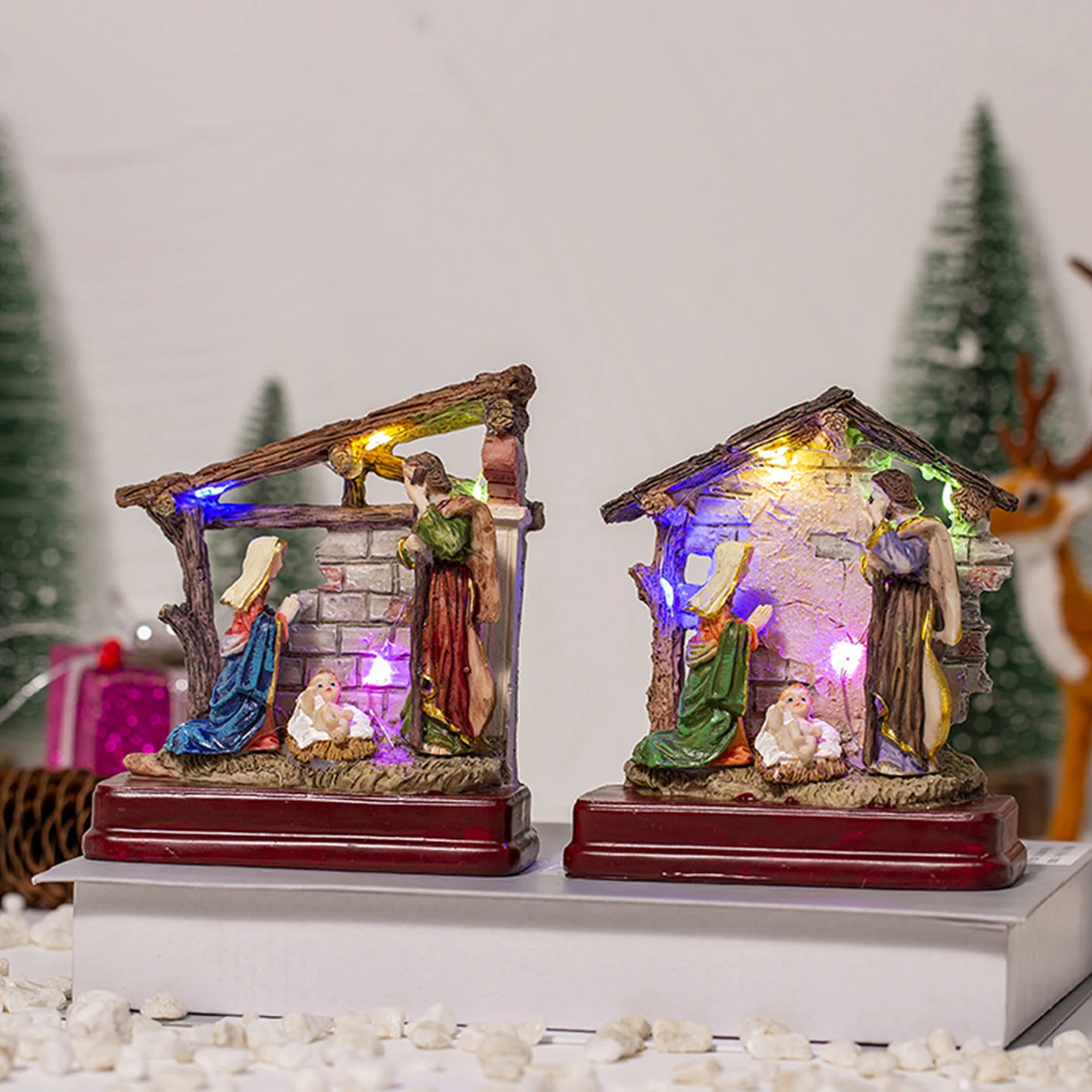 Nativity Scene Set Christmas Decoration Resin Holy Family Nativity Figurine Set Lights Christmas Ornament Indoor Jesus Statue