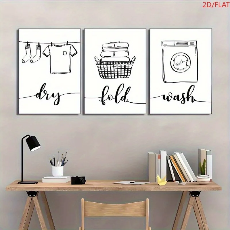 (No frame)2D Flat, 2D/FLA 3pcs Canvas Print Set, Artistic Laundry Room Decor in Black and White, Washable, Dry Clean, Foldabl