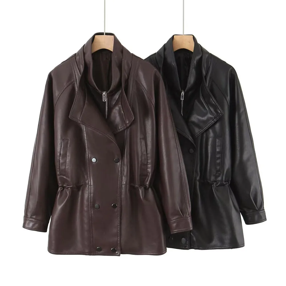 

Winter new women's fashion stand up collar long sleeved mid to long zipper PU leather jacket