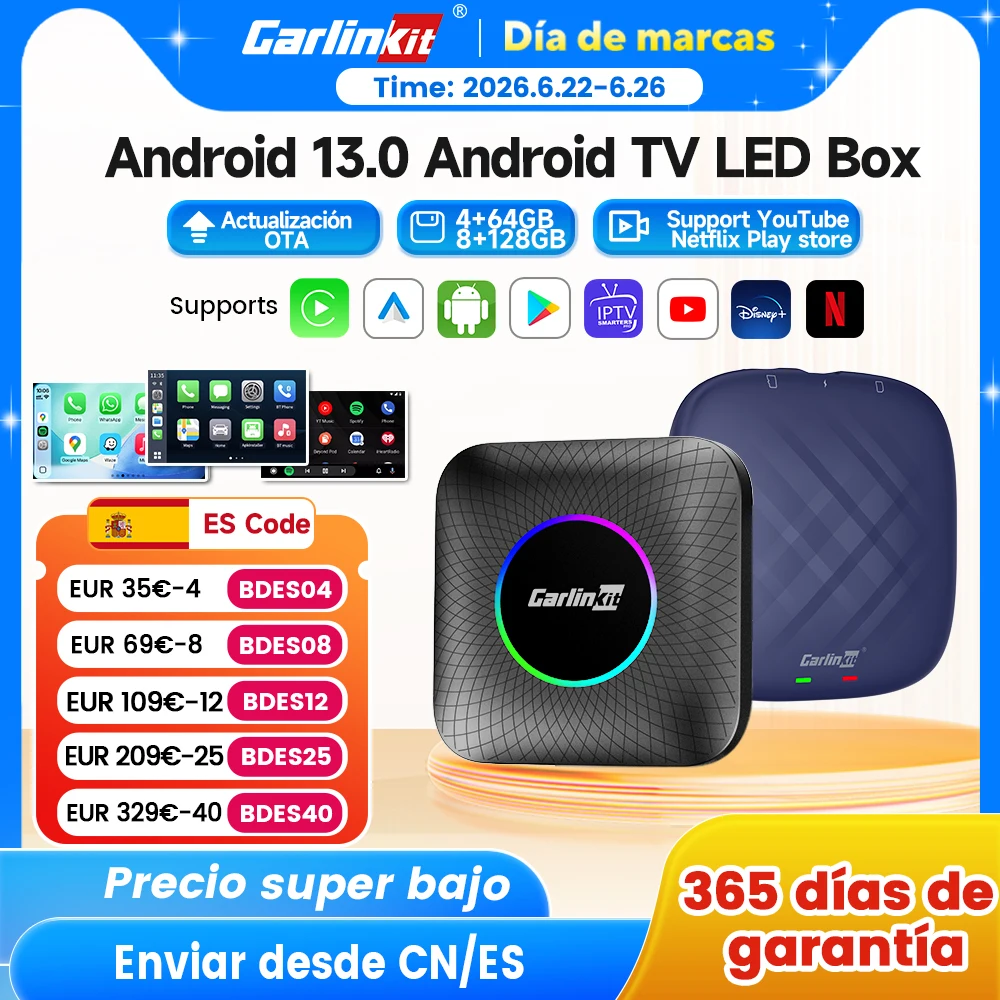 Carlinkit Ai Box Android 13 Led inalámbrico Android Auto y CarPlay Smart Tv Box QCM6225 compatible con Youtube Netflix accesorios de coche