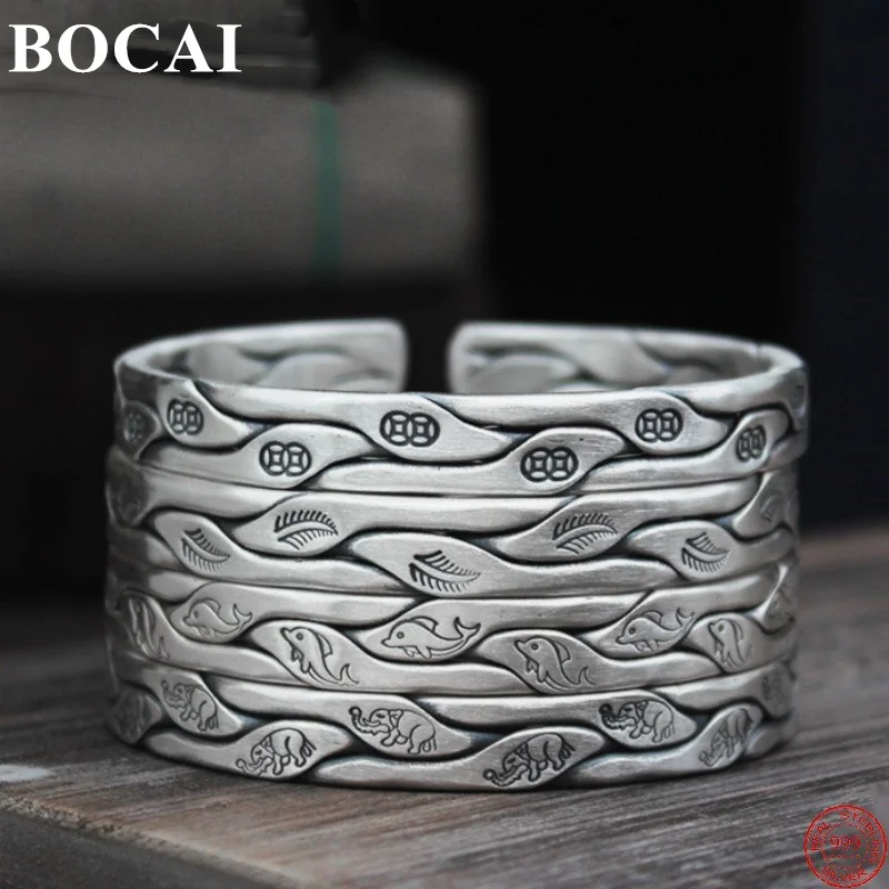 

BOCAI S999 Sterling Silver Bracelet New Fashion Weaven Dolphin Feather Elephant Solid Bangle Argentum Jewelry for Women Men