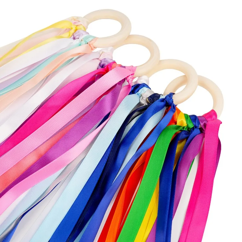 Rainbow Ribbon Wooden Ring Sensory Bracelet Baby Early Learning Kids Colorful Ribbon Hoop Children Party Birthyday Party Favors