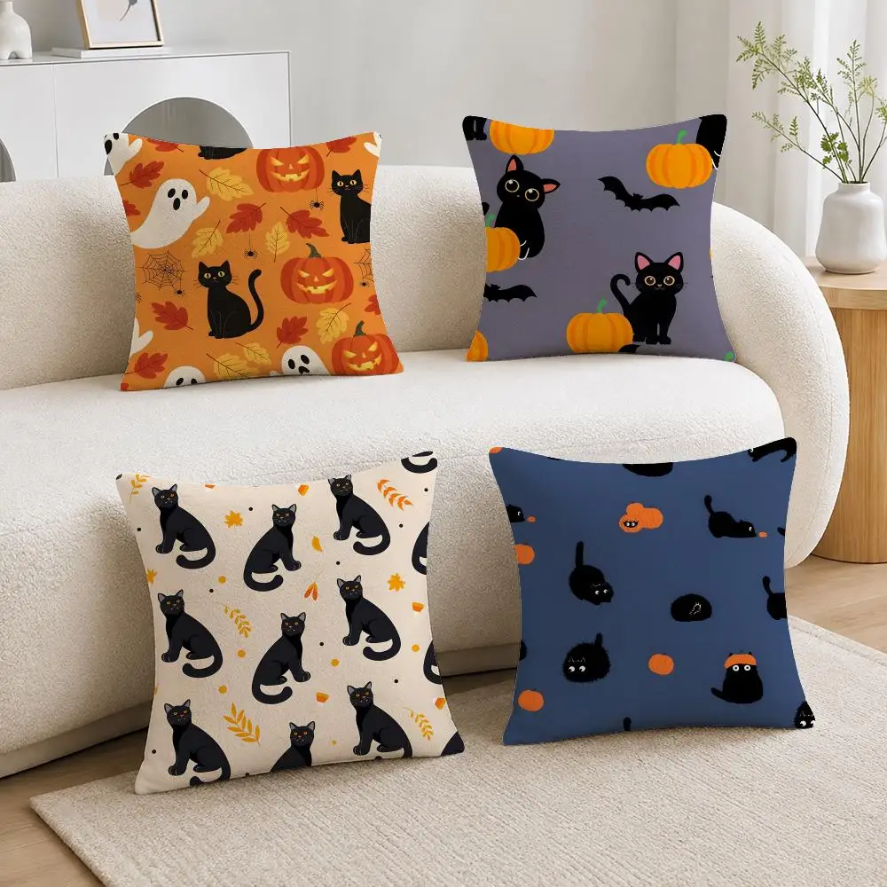 Halloween Black Cat Cushion Cover Soft Plush Cushion Covers Fluffy Throw Pillow Cases for Sofa Bedroom Home Decor