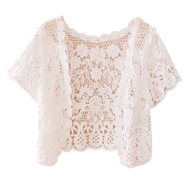 M2EA-cárdigan de manga corta para mujer, chaqueta de encaje frontal abierto, Floral, Crochet, transparente, para la playa
