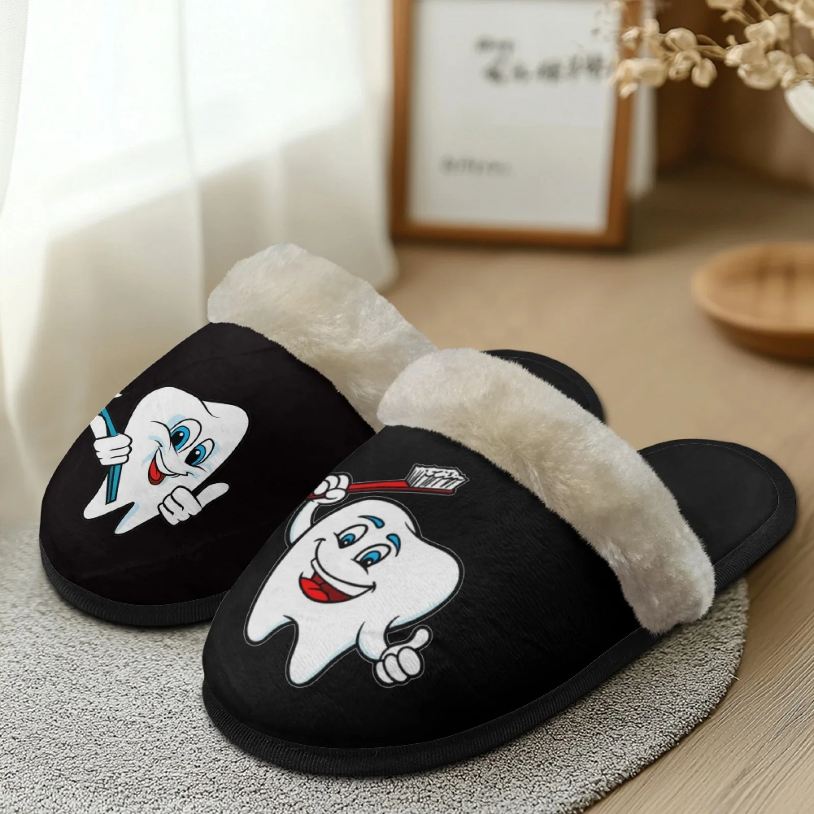 Cartoon Tooth Print Fuzzy Slippers Winter Warm Half Shoes for Women Mules Non-Slip House Shoes Cotton Slipper Cozy Slides