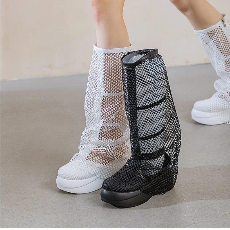 Fujin 6cm Air Mesh Sandals Women Knee High Boots Thick Heels Round Toe ZIP Summer Hollow Platform Wedge Fashion Breathable Shoes