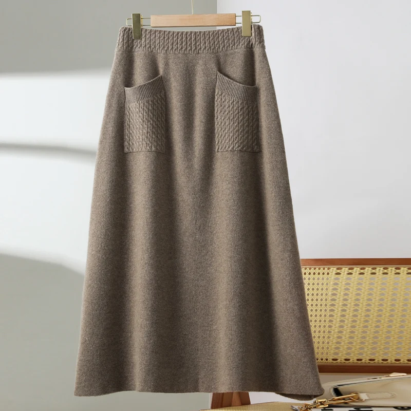 100% Merino wool skirt women's high waisted knitted Drees autumn and winter new thickened double pocket skirt