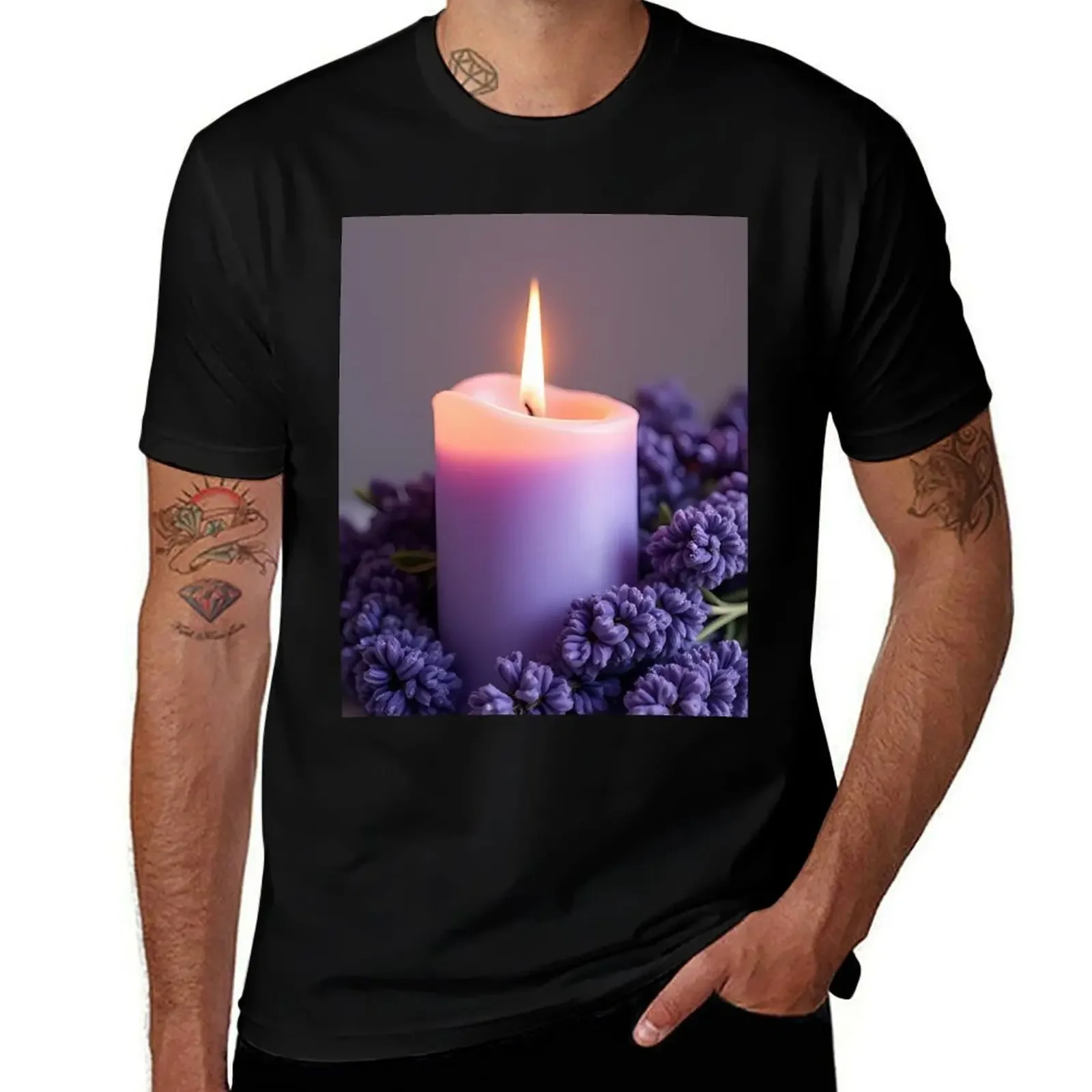 

Burning candle between lavender on rustic wood T-Shirt affliction shirts cute clothes anime clothes mens tall t shirts