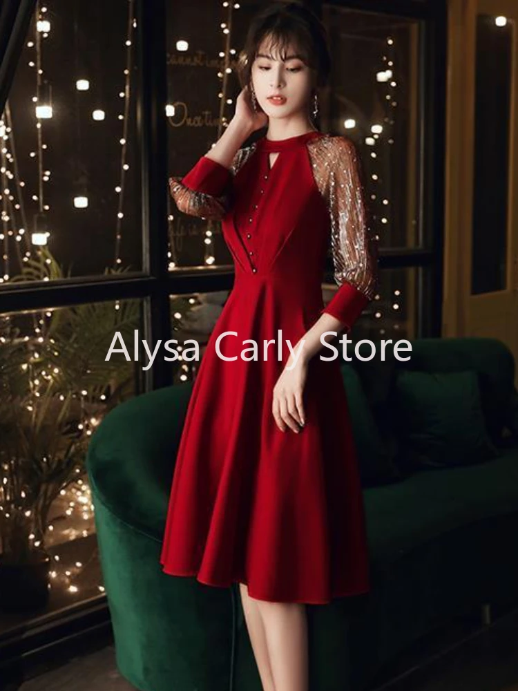 Elegant Vintage Fairy Dress Women Red Patchwork Korean Style Sequined Dress Female 2023 Autumn Casual Evening Party Dresses Chic