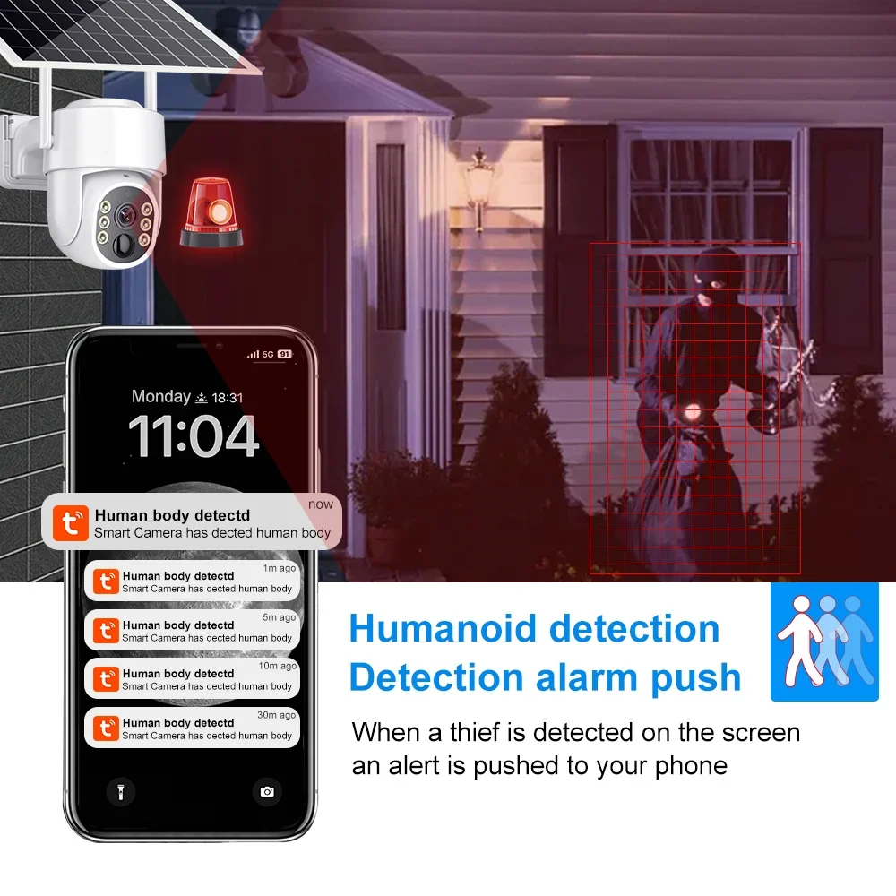 4K Tuya Smart Life Wifi Network Solar Battery PTZ Camera Color Night Vision IR Ai Motion Detection Outdoor Waterproof IP Camera