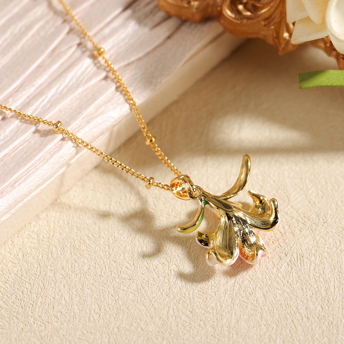 Elegant Pink Lily Flower Pendant Necklace for Women - Gold Plated Enamel Floral Charm Necklace, Dainty Nature Inspired Jewelry