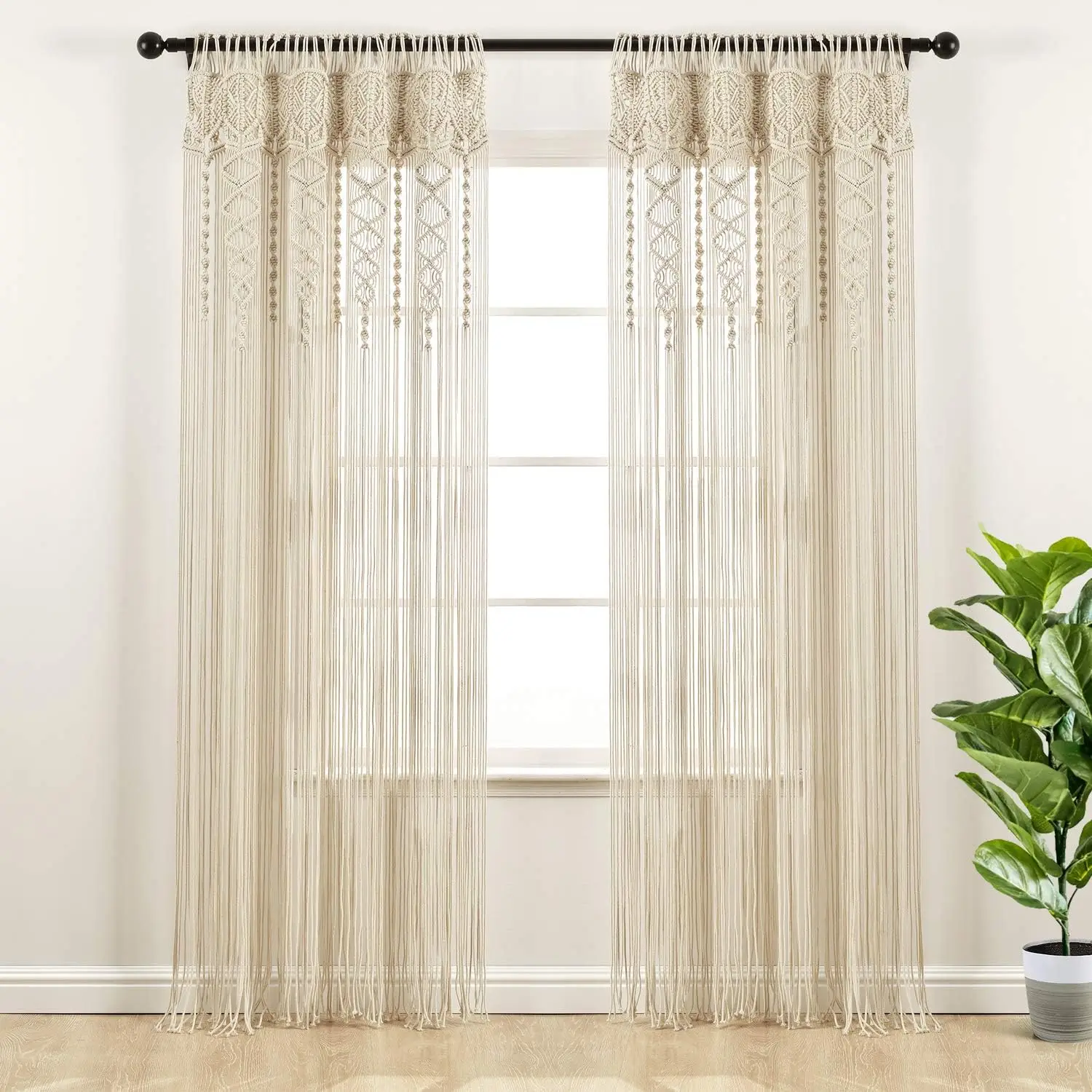 

r Boho Macrame Textured Cotton Window Curtain Panel, Single Panel, 40" W x 95" L, Neutral - Doorway Curtain - Room Divider