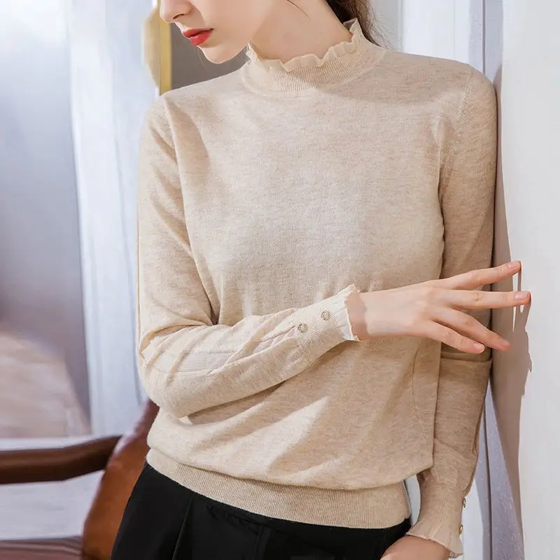 Half Height Collar Knitting Pullovers Ladies Spring Autumn New Interior Lapping Fashionable Ruffles Bottoming Shirt Elegant Tops