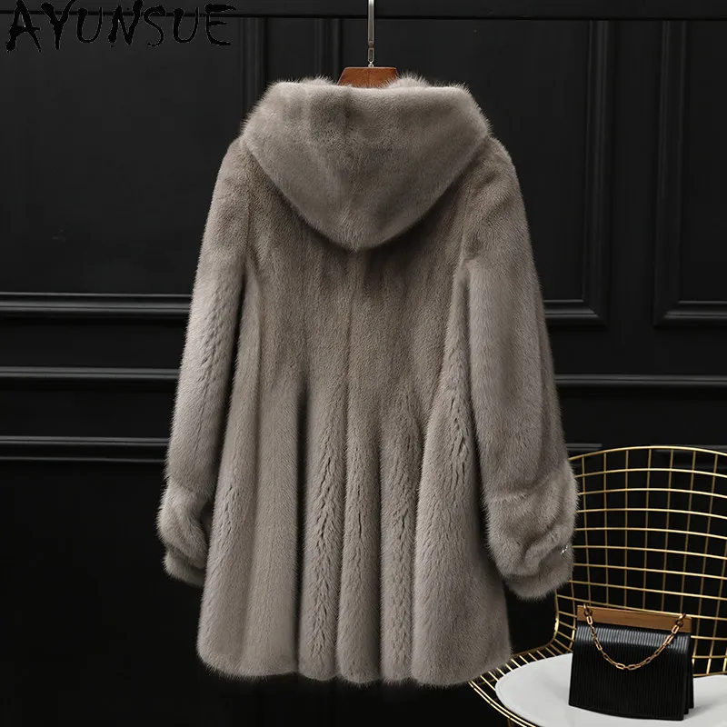 

AYUNSUE Роскошное пальто из натурального норкового меха, женская зимняя одежда, женское пальто из натурального меха, новое пальто средней длины, цельная норка Fourrure Femme