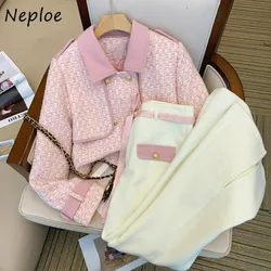 Neploe Simple Korea Y2K Commuter Small Fragrance Suit Coat Panelled High Waist Wid Leg Pants Casual Preppy England Suit Trousers