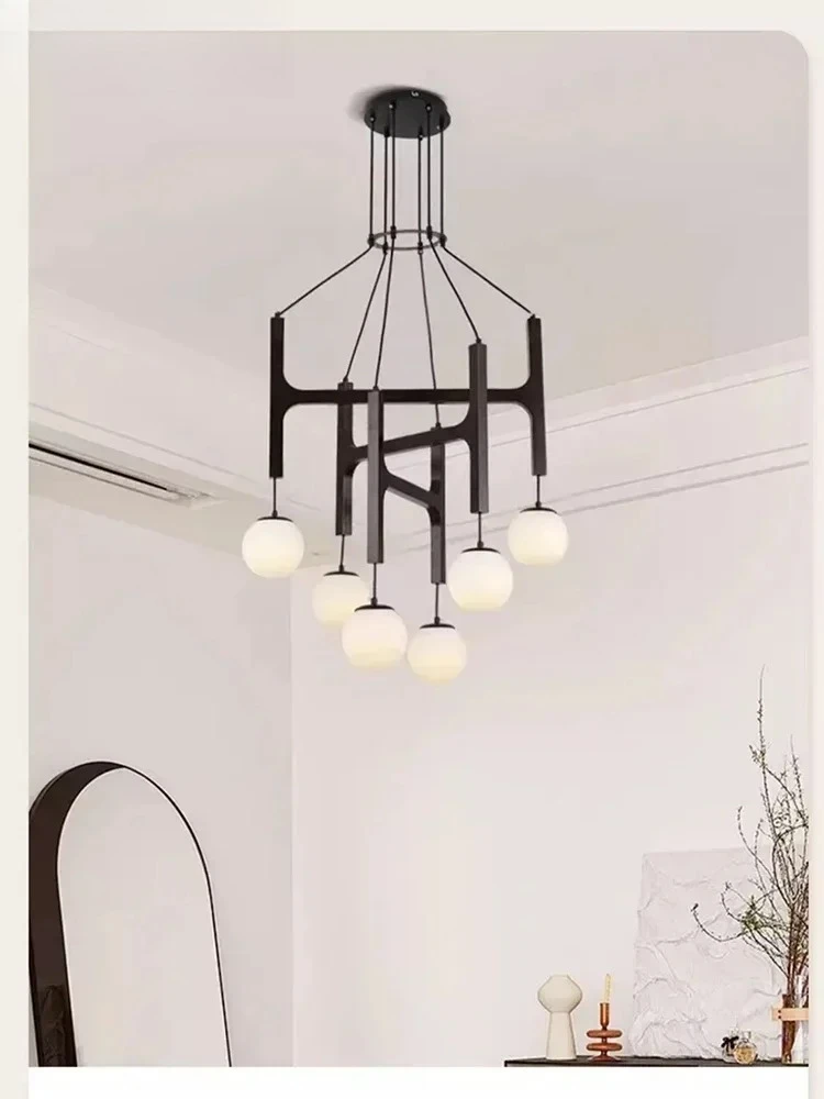 Stylish Minimalist Creative Art Wood Multi Head Glass LED Pendant Light Fashion Lamps for Living Room Home Decoration Chandelier