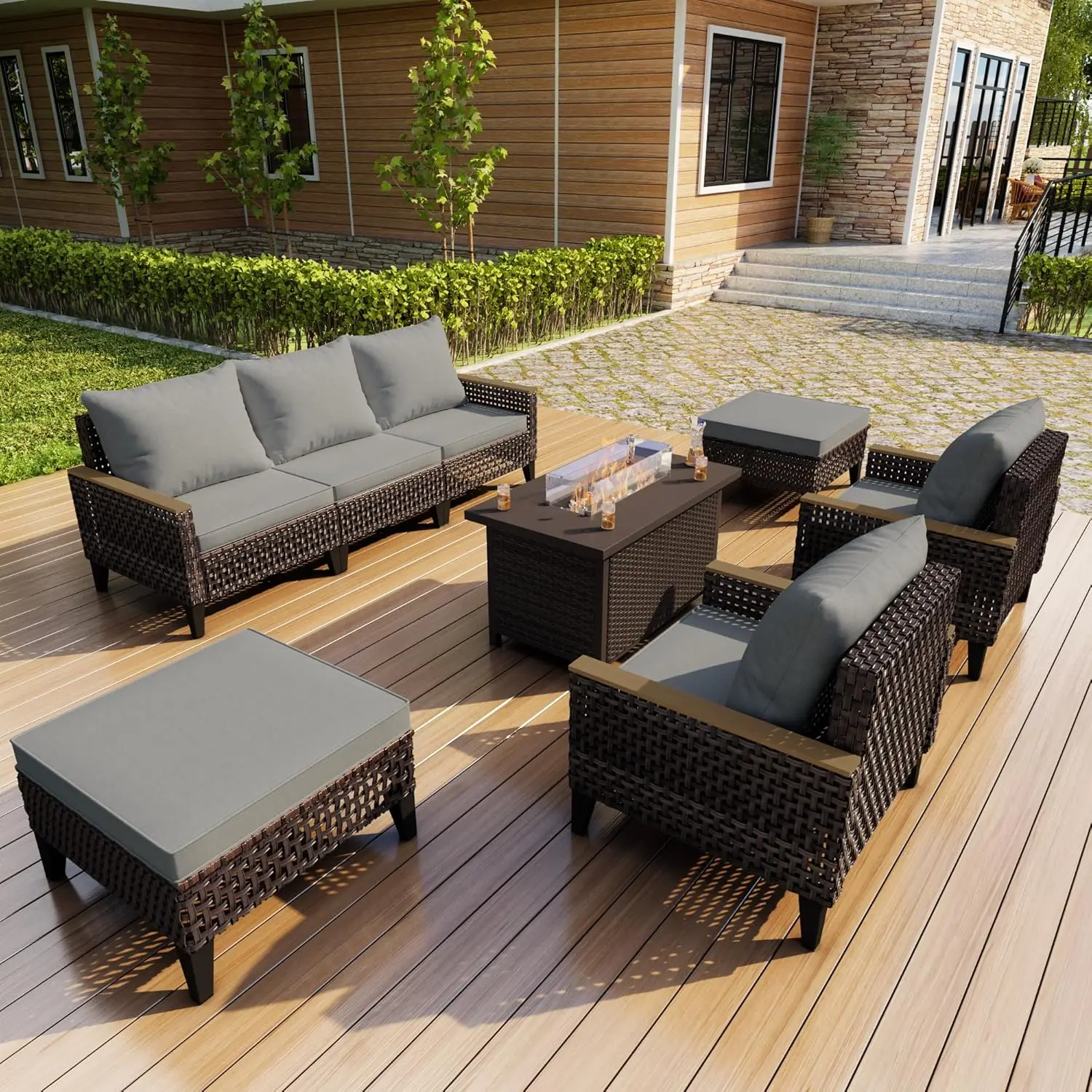 

Комплект для отдыха на открытом воздухе из 8 предметов: уличная мебель с плетеным модульным диваном и столом-кострищем, на заказ