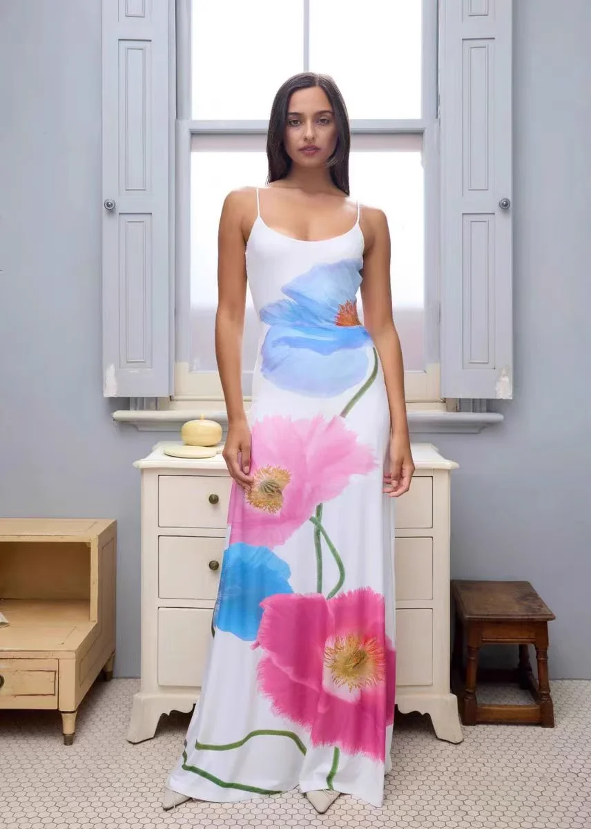 

Long Dress for Women 2025 New Spring Summer Printed U Neck Sexy Sleeveless Wrap Robes
