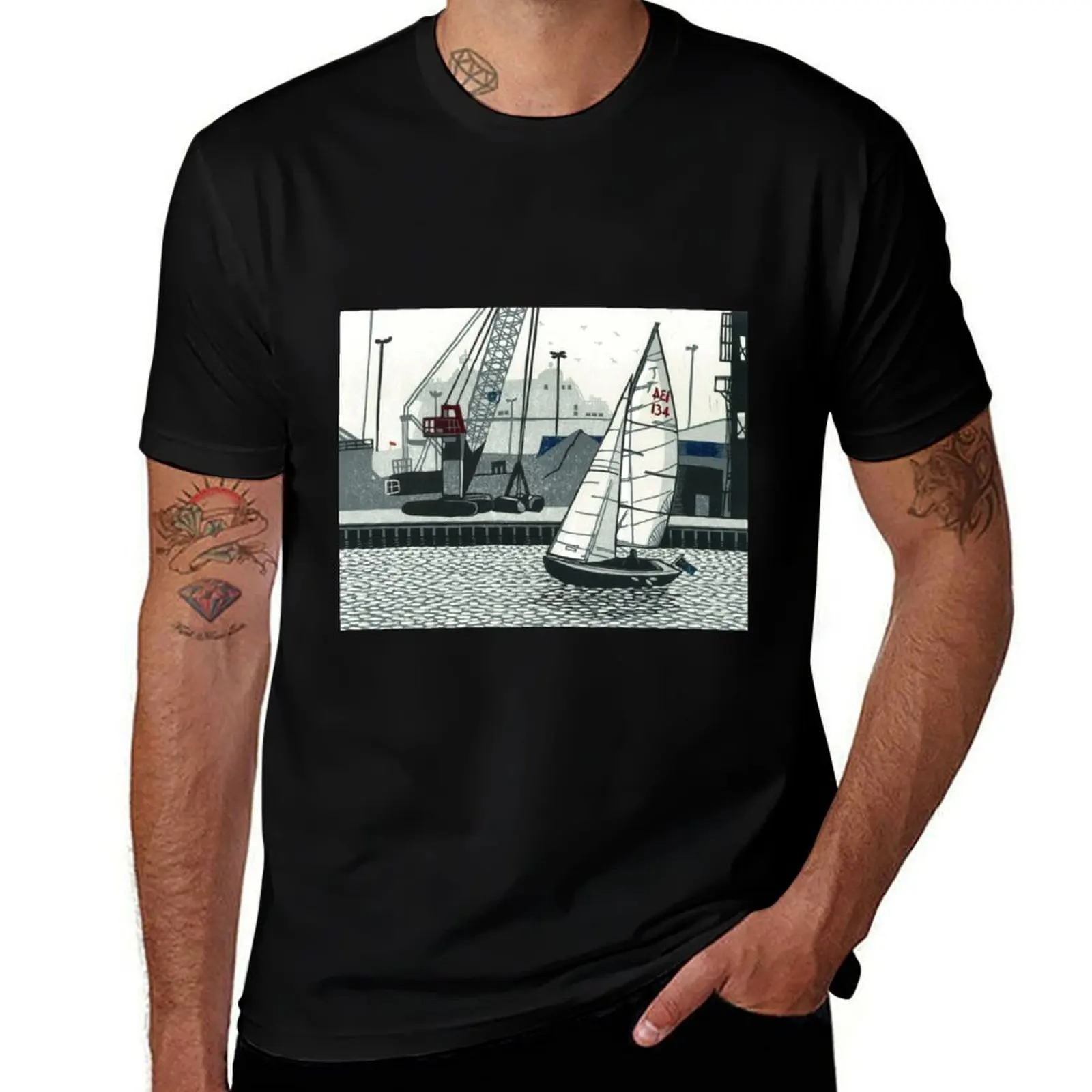 Poole Quay - linocut by Francesca Whetnall T-Shirt Fashion Casual Short Sleeve Top
