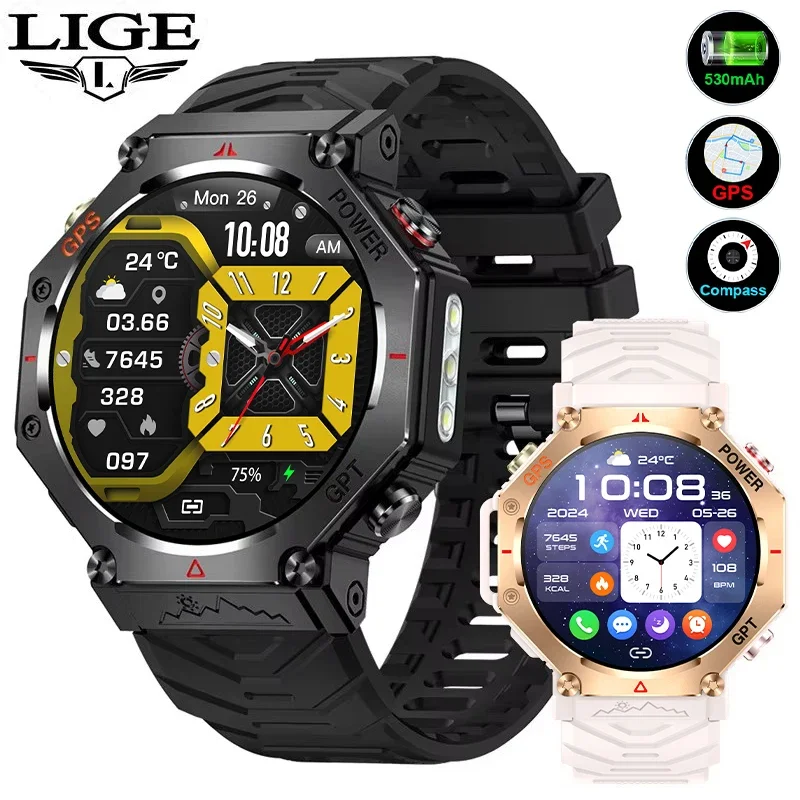 

LIGE 2025 New Smart Watch 530mAh Battery LED Flashlight Compass Altitude Air Pressure Bluetooth Call Fitness Tracker Smartwatch