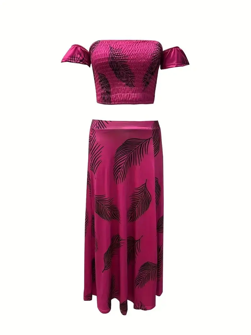 Böhmisches Zweiteiler-Set für Damen: Schulterfreies, elastisches, einfarbiges Top mit Federdruck und hochtailliertem Rock mit Schlitz. – Detail 23