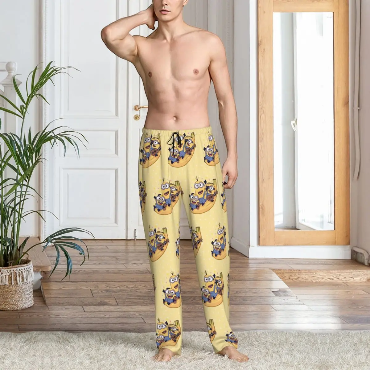 Pantalon de pyjama personnalisé M-Minions pour hommes, mignon, banane, salon, sommeil, cordon de serrage, bas de vêtements de nuit avec poches
