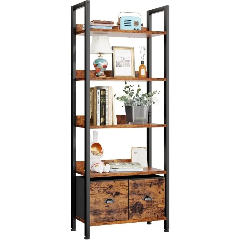 5-Tier Bookshelf, Tall Bookcase with 2 Storage Drawers, Industrial Display Standing Shelf Units, Wood and Metal Storage Shelf