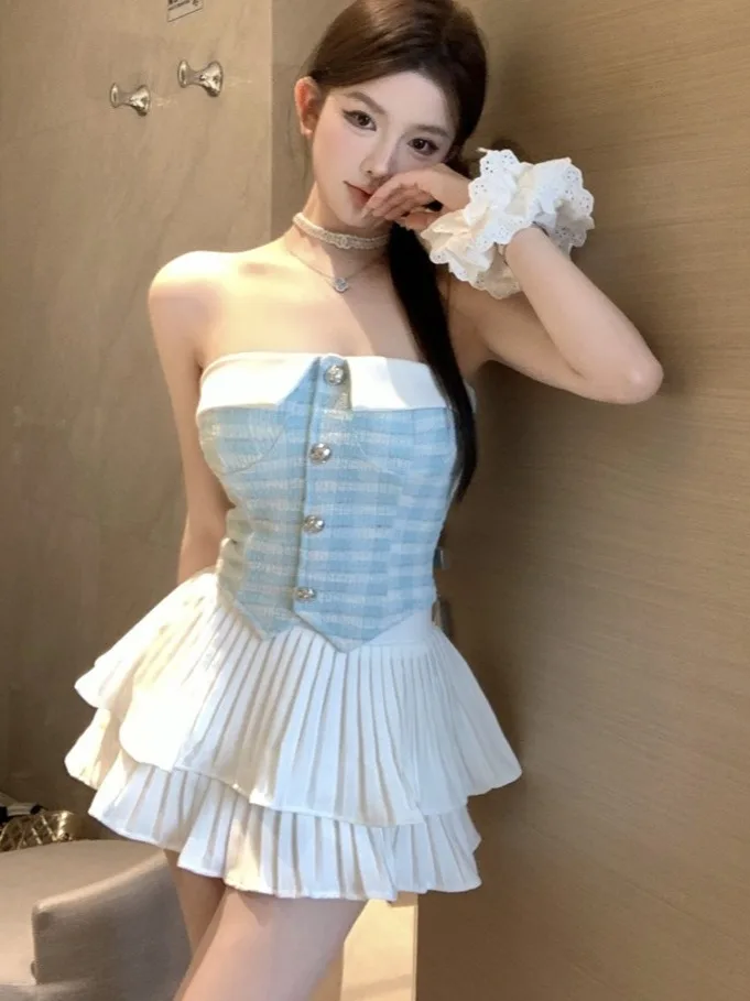 

Stunning Plaid Tube Top And Puffy Skirt Set Small Size Fashionable Summer Outfit High Waist Short Sleeve Ensemble