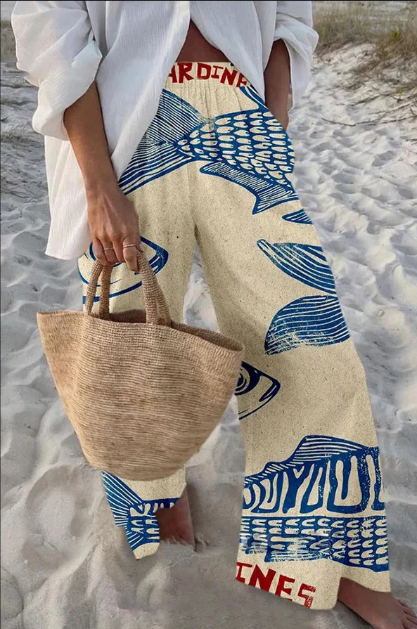 

Ladies Beach Pants High Quality Pure Cotton Fabric Blue Fish Graphic Printing Chic Trend Fashion New Loose Wide Leg Trousers
