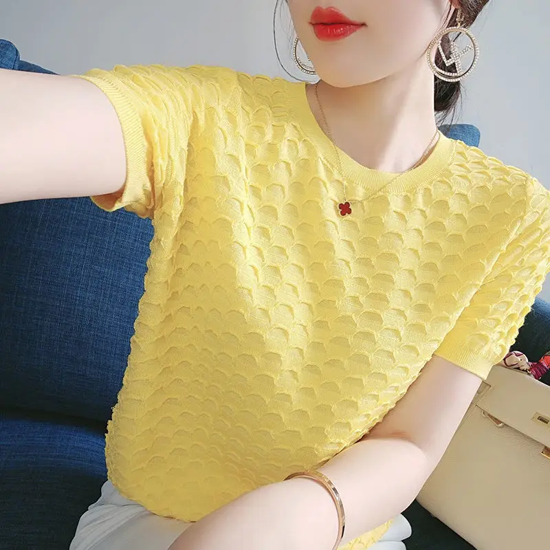 Summer Fashion Casual Round Neck Solid Color Knitting Tees Female Short Sleeve Loose All-match Pullovers Tops Women\'s Clothing