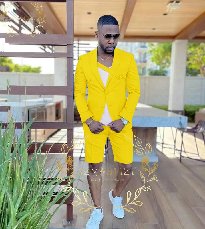 Short Men Suit Set Summer Beach Wedding Suit Groom Tuxedo Slim 2022 Latest Coat Pant Design Blue Green Yellow Red Men Clothing