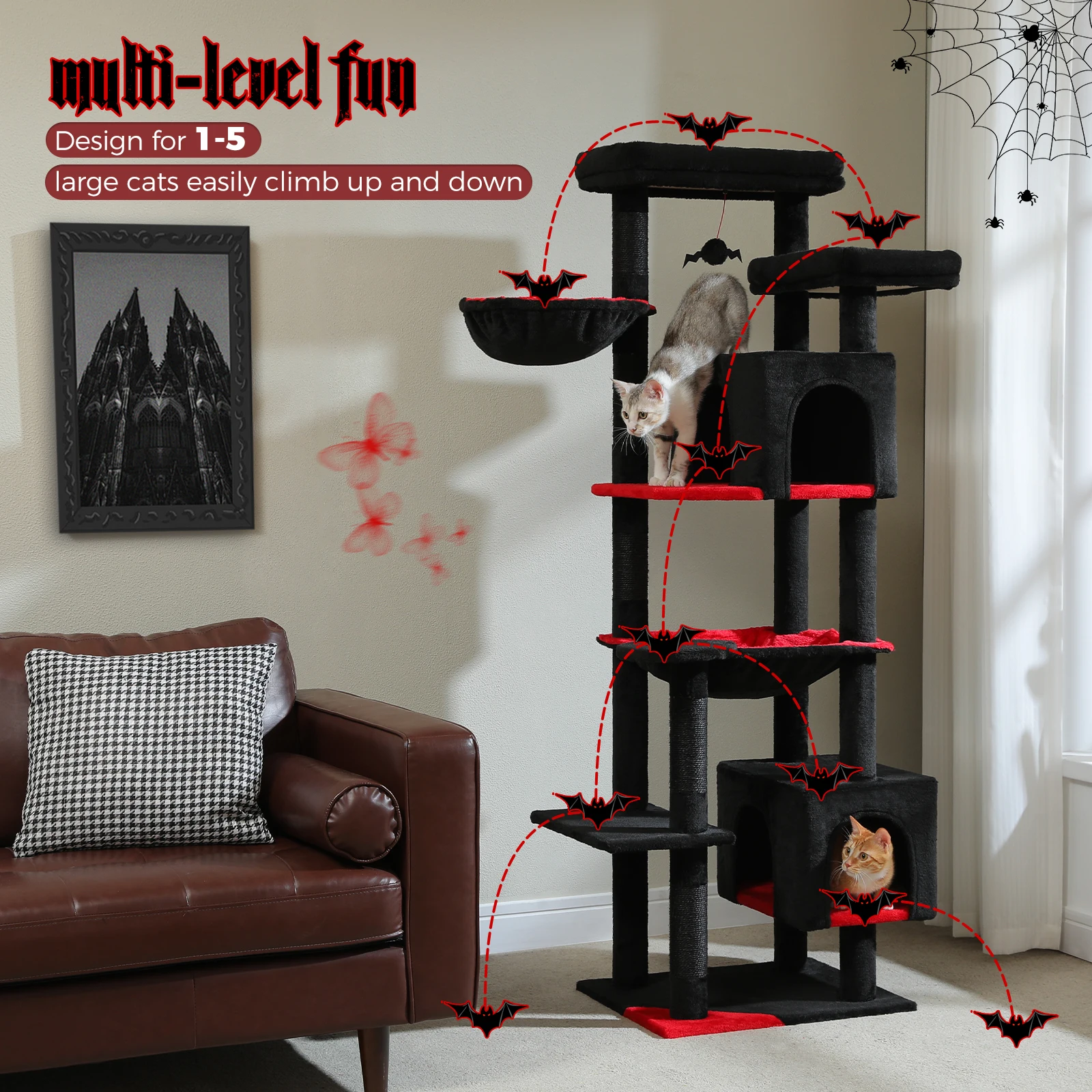 Tall Cat Tree for Indoor Cats Big Cat Tower with Super Large Hammock Cat Climbing Tree with Scratching Posts Condo House Black