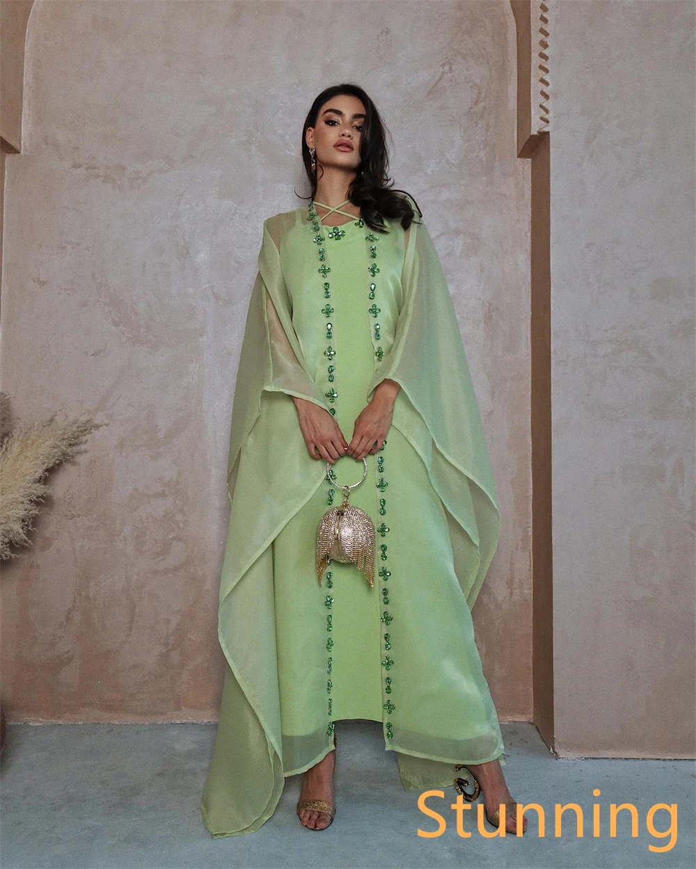 Robe de soirée en Jersey vert, personnalisée, col licou, manches longues, robes de célébrité, sur mesure, robes d'occasion en cristal de haute qualité