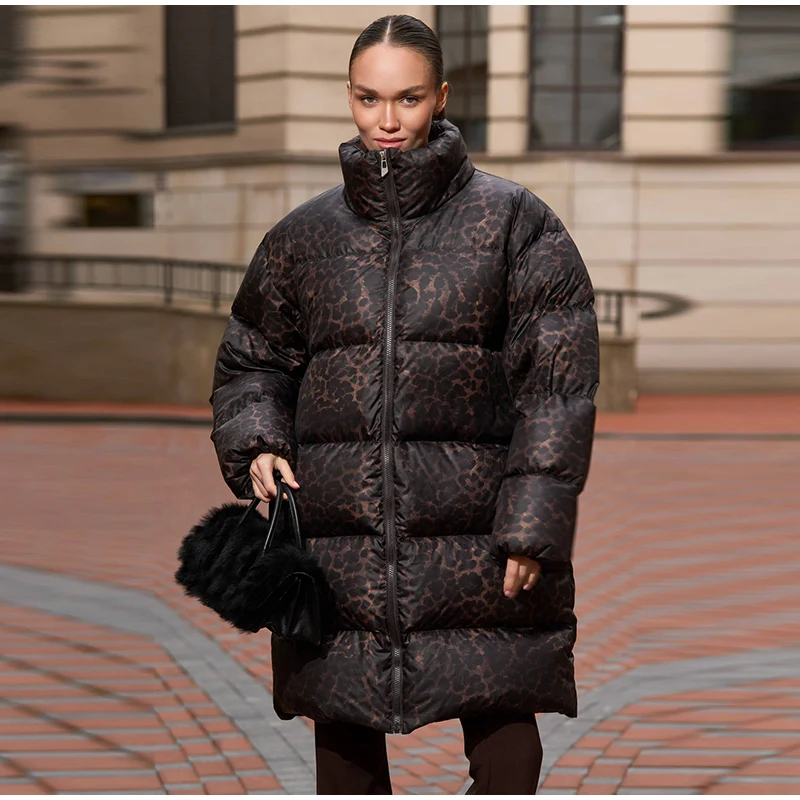 Leopard Print Hooded Puffer Women's Winter Coat Belted Waist Midi Length Padded Jackets for Woman Jacket Warm Streetwear